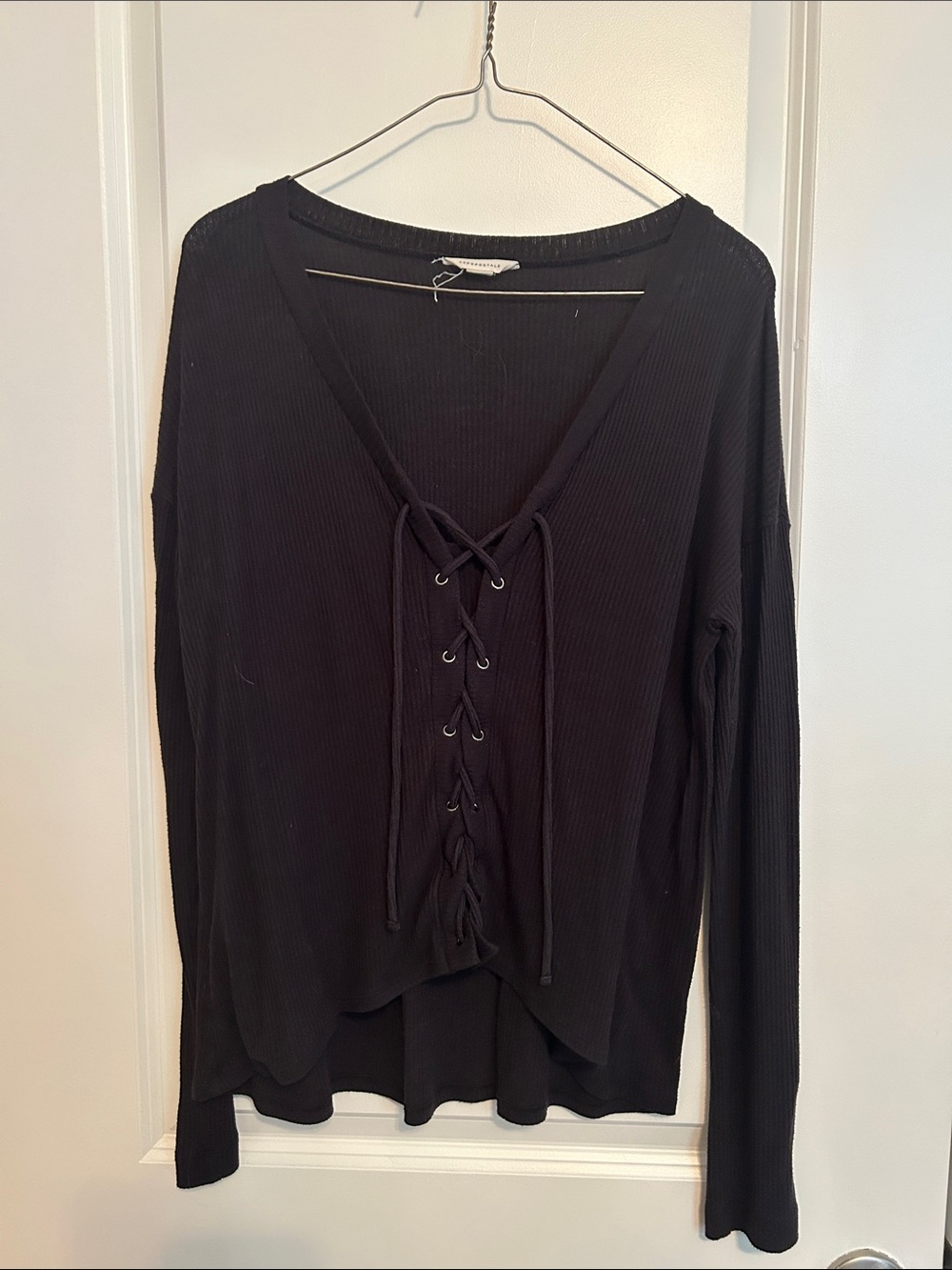 Aeropostale Black Ribbed Lace-Up Long-Sleeve Top